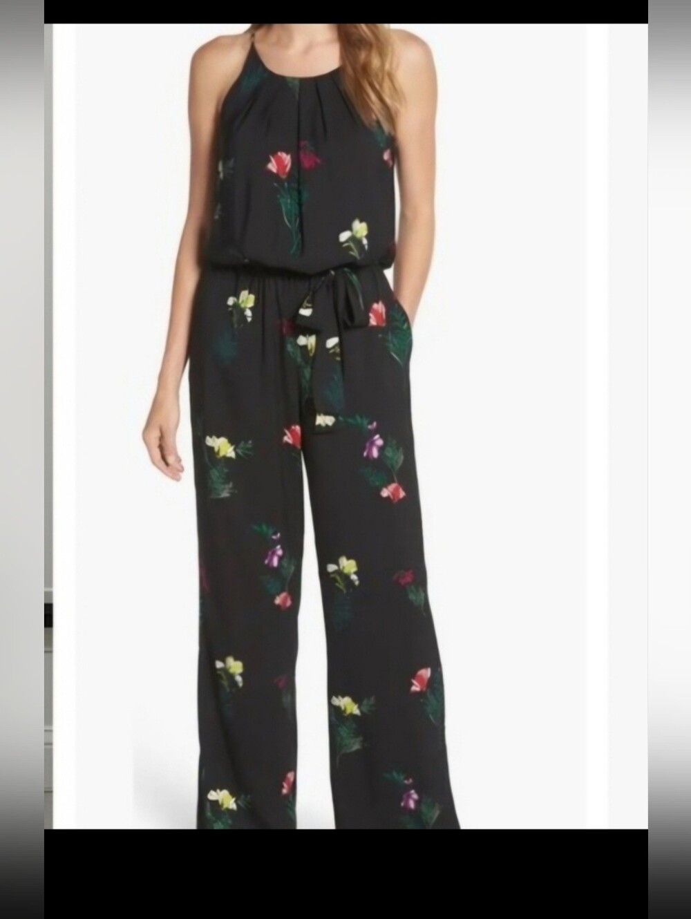 Vince Camuto Black Floral Halter Jumpsuit with Pink and Yellow Accents Sz S